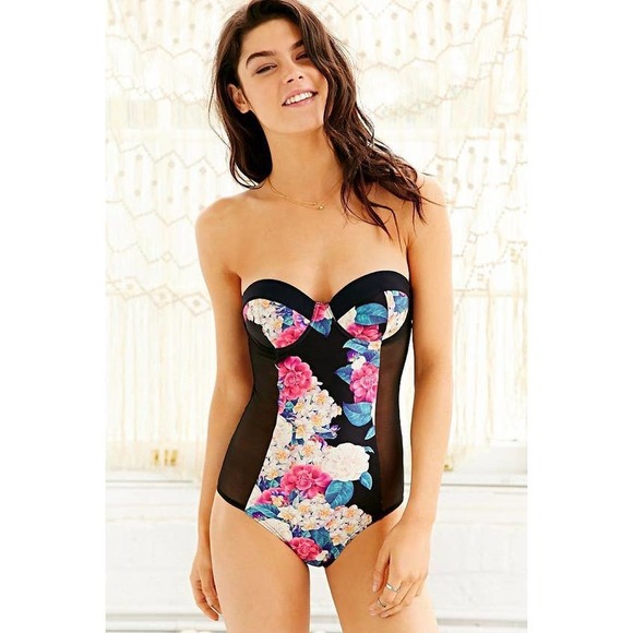 MINKPINK Other - MINKPINK One Piece Small Black Floral Secret Garden Balconette Halter Strapless